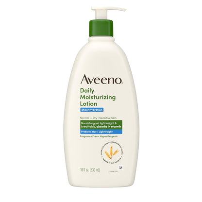 Daily Moisturizing Sheer Hydration Fragrance-Free Lotion with Prebiotic Oat for Dry Skin, Lightweight, Non-Greasy and Fast-Absorbing Body Lotion Nourishes Skin with 48-Hour Moisture, 18 Fl Oz